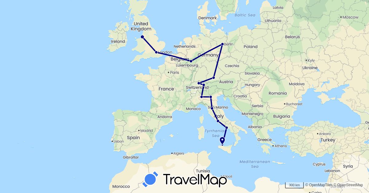 TravelMap itinerary: driving in Switzerland, Germany, United Kingdom, Italy, Liechtenstein (Europe)